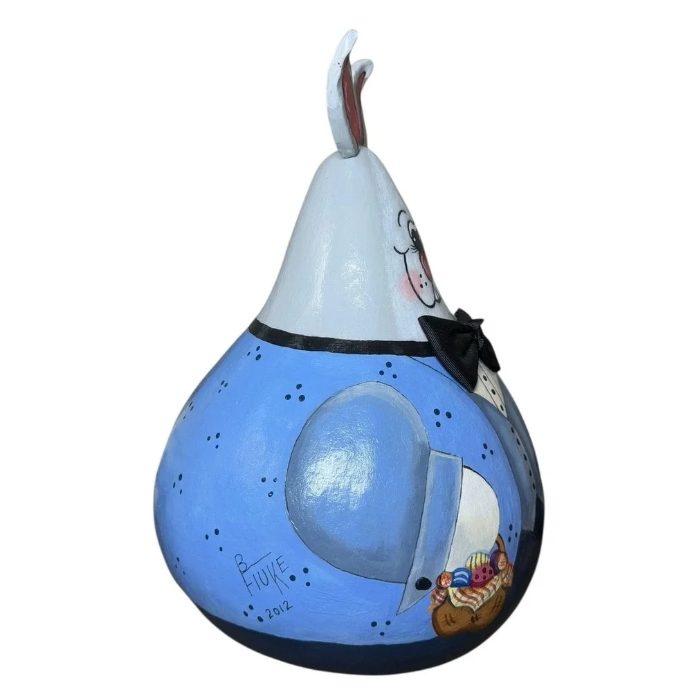 Hand‎ Painted Gourd Bunny Figurine Folk Art Rabbit Easter Decor Signed OOAK